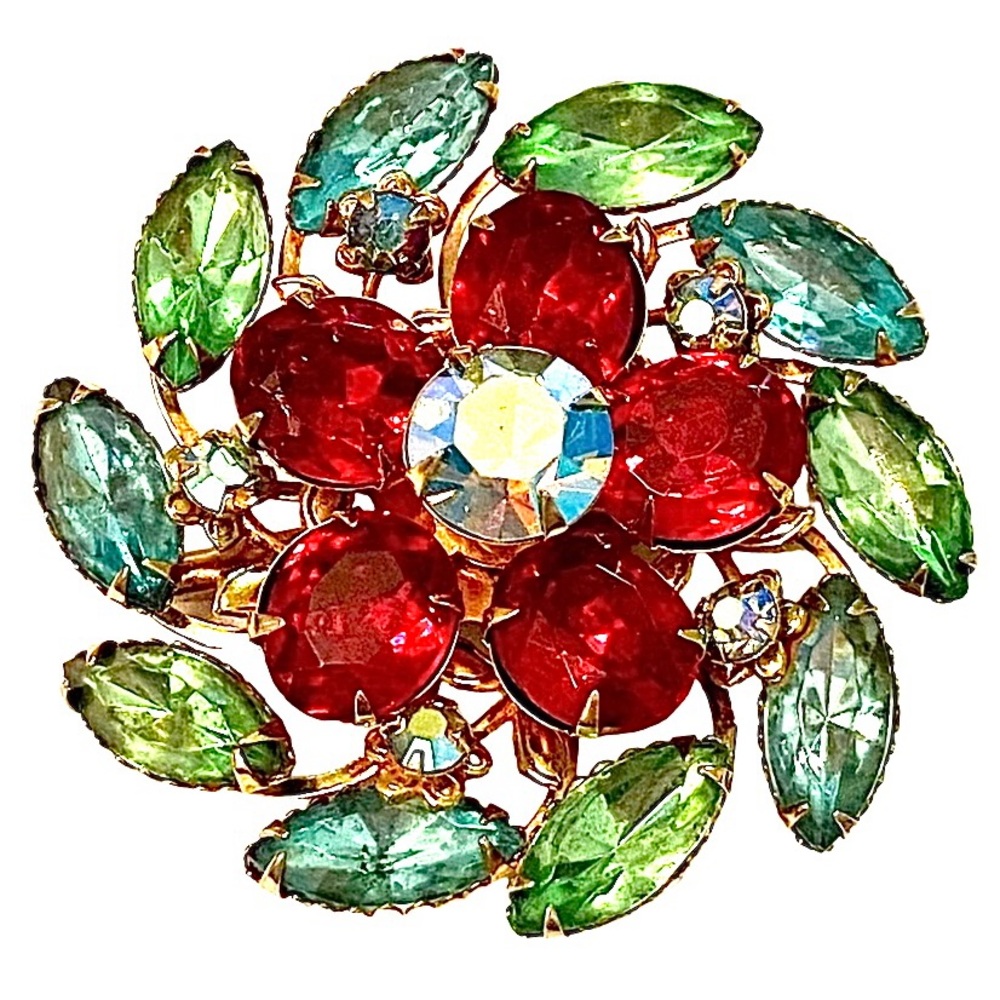 Vintage 1950s Colorful Floral Rhinestone Brooch